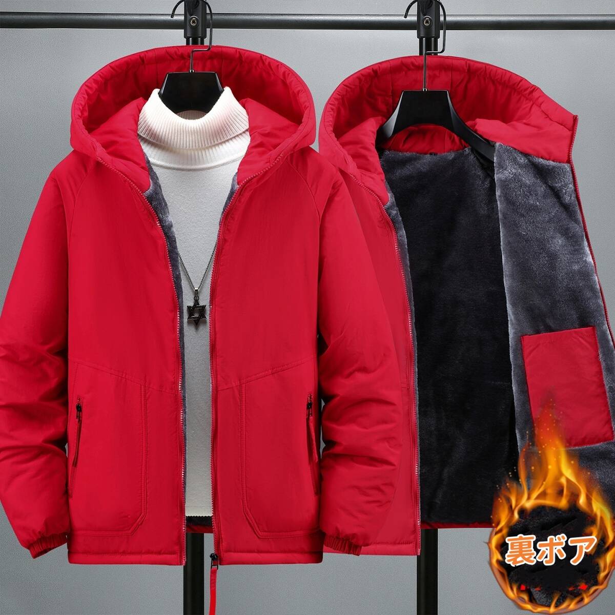裏フリース ジャケット マウンテンパーカー 裏ボア 裏起毛 新品*メンズ ジャンパー ブルゾン アウター【Z621】レッド 2XL拍卖