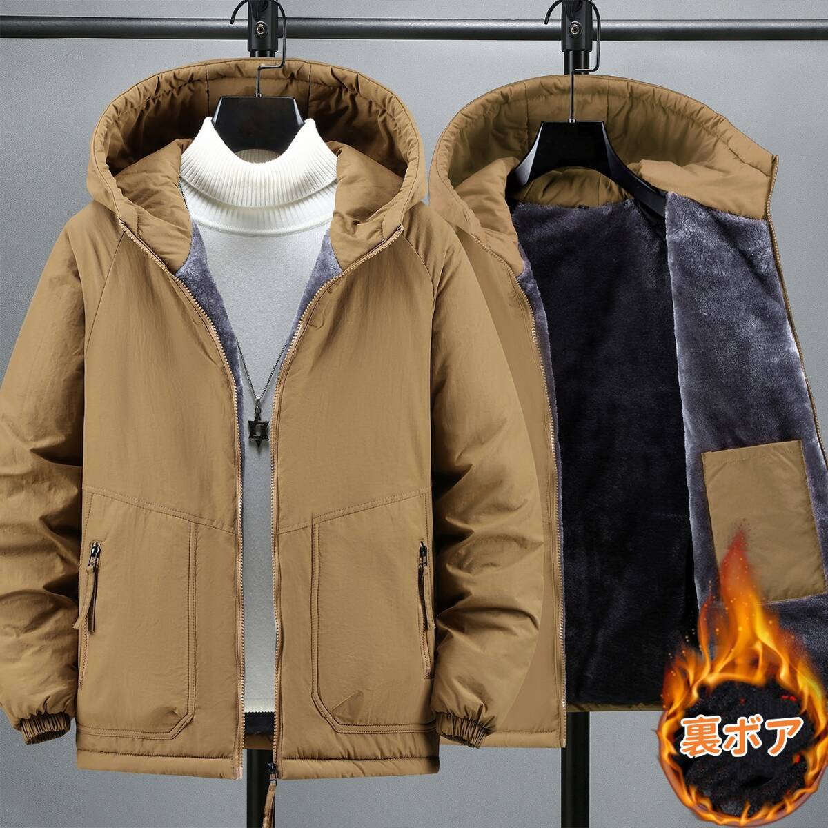 裏フリース ジャケット マウンテンパーカー 裏ボア 裏起毛 新品*メンズ ジャンパー ブルゾン アウター【Z621】カーキ XL拍卖
