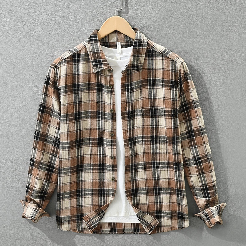 ネルシャツ チェックシャツ メンズ★新品 長袖シャツ トップス カジュアルシャツ 春服秋服 コットンシャツ【M7796】珈琲色 L拍卖