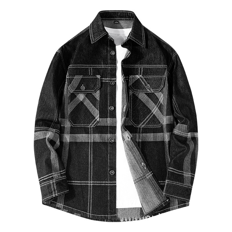 チェックシャツ シャツジャケット デニムシャツ 長袖シャツ メンズ・新品 ヴィンテージ 春秋 トップス【1921-222】黒 M拍卖