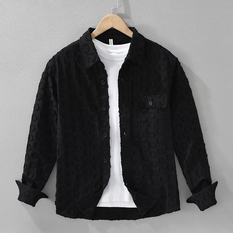カジュアルシャツ 長袖シャツ ジャックアード シャツジャケット 新品*メンズ シャツ トップス 春服秋服【7530】黒 L拍卖