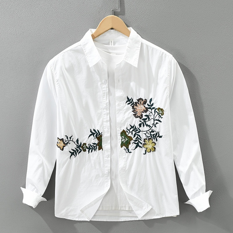 長袖シャツ シャツ 新品★メンズ 春秋服 トップス コットンシャツ 刺繍 カジュアルシャツ【M7823】白 M拍卖