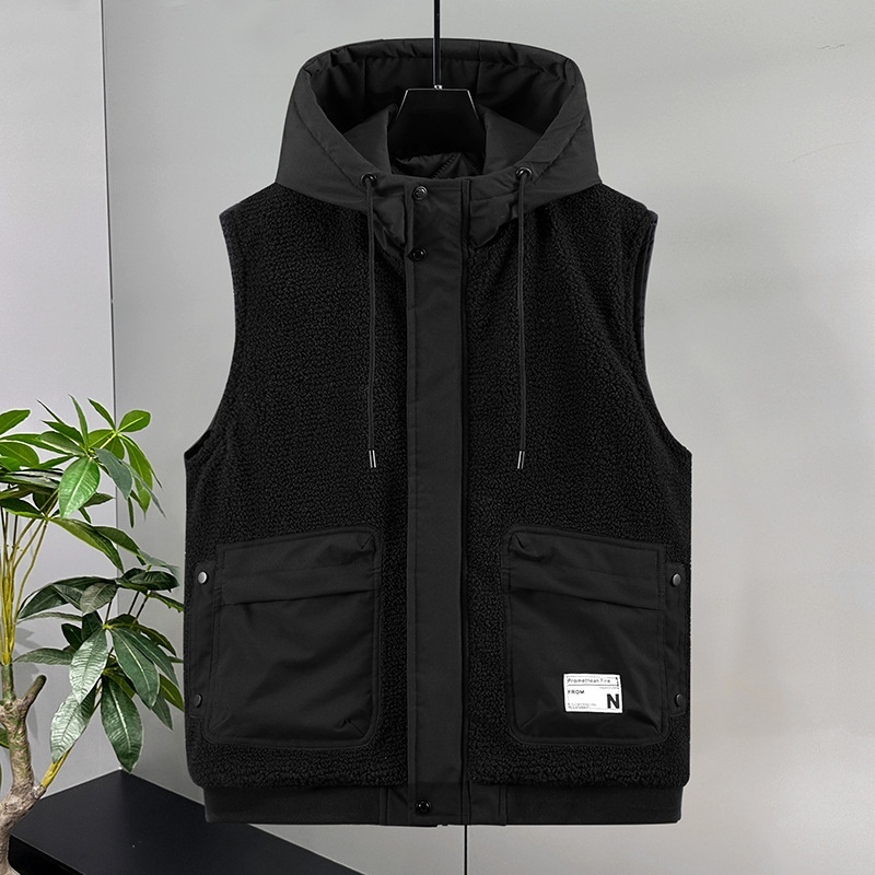中綿ベスト ベスト ボア 袖なしジャケット アウター フード 新品・メンズ キャンプ トップス 切替【-2523】黒 5XL拍卖