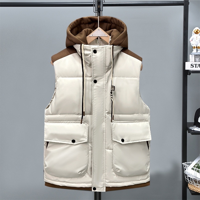 中綿ベスト ベスト 切替 袖なしジャケット アウター フード 新品・メンズ キャンプ トップス カジュアルベスト【8809】ベージュ 4XL拍卖