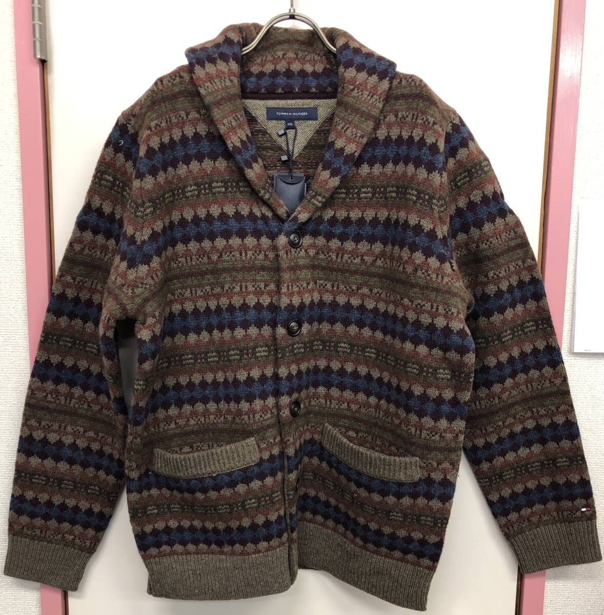 1円スタート!未使用品★メンズ ジョーダンショールカーディガン XXLサイズ TOMMY HILFIGER ブラウン 毛100%拍卖