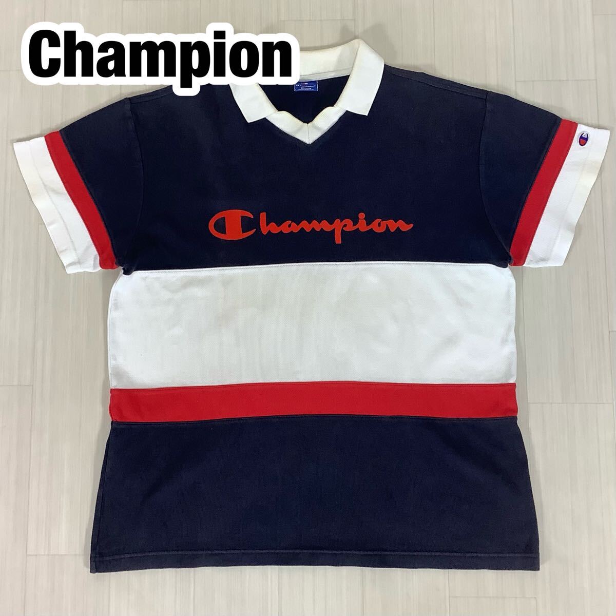 Champion チャンピオン 半袖ラガーシャツ M トリコロール 切り替えし配色 ビックロゴプリント 袖ロゴ拍卖