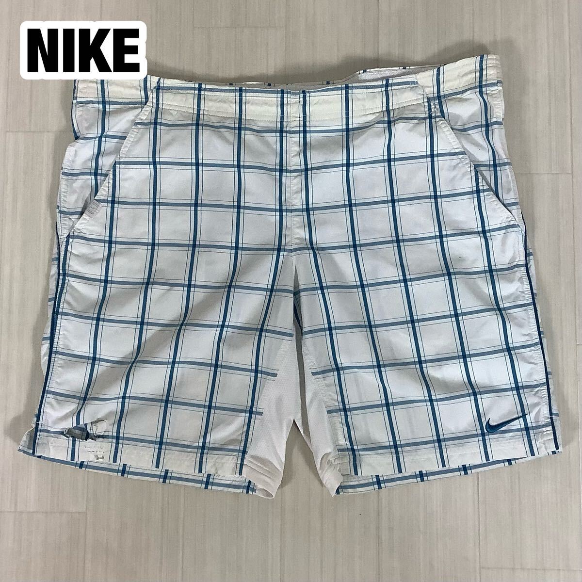 NIKE ナイキ ショートパンツ チェック柄 XL ホワイト×ブルー 刺繍スウッシュ拍卖
