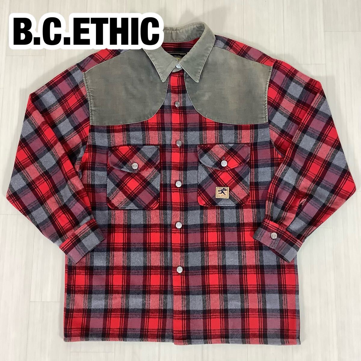 【USA製】90s ビンテージ B.C.ETHIC ネルシャツ 長袖シャツ タータンチェック L レッド コーデュロイ切り替えし 胸ポケット アメリカ製拍卖