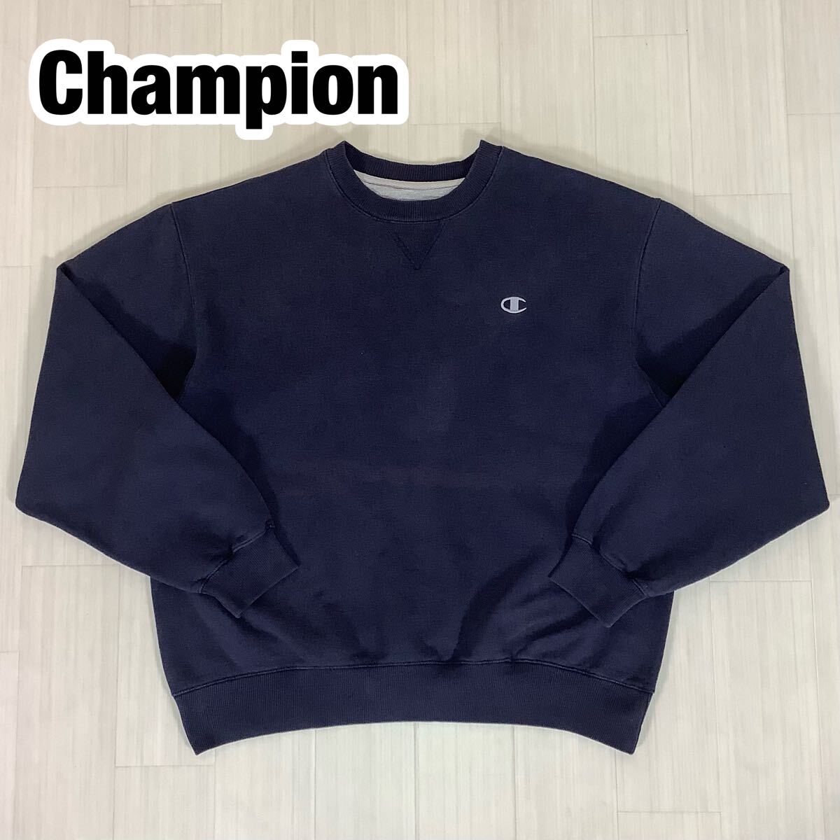 Champion チャンピオン スウェット トレーナー L ネイビー 濃紺 Vガゼット 前V ワンポイント 刺繍ロゴ拍卖