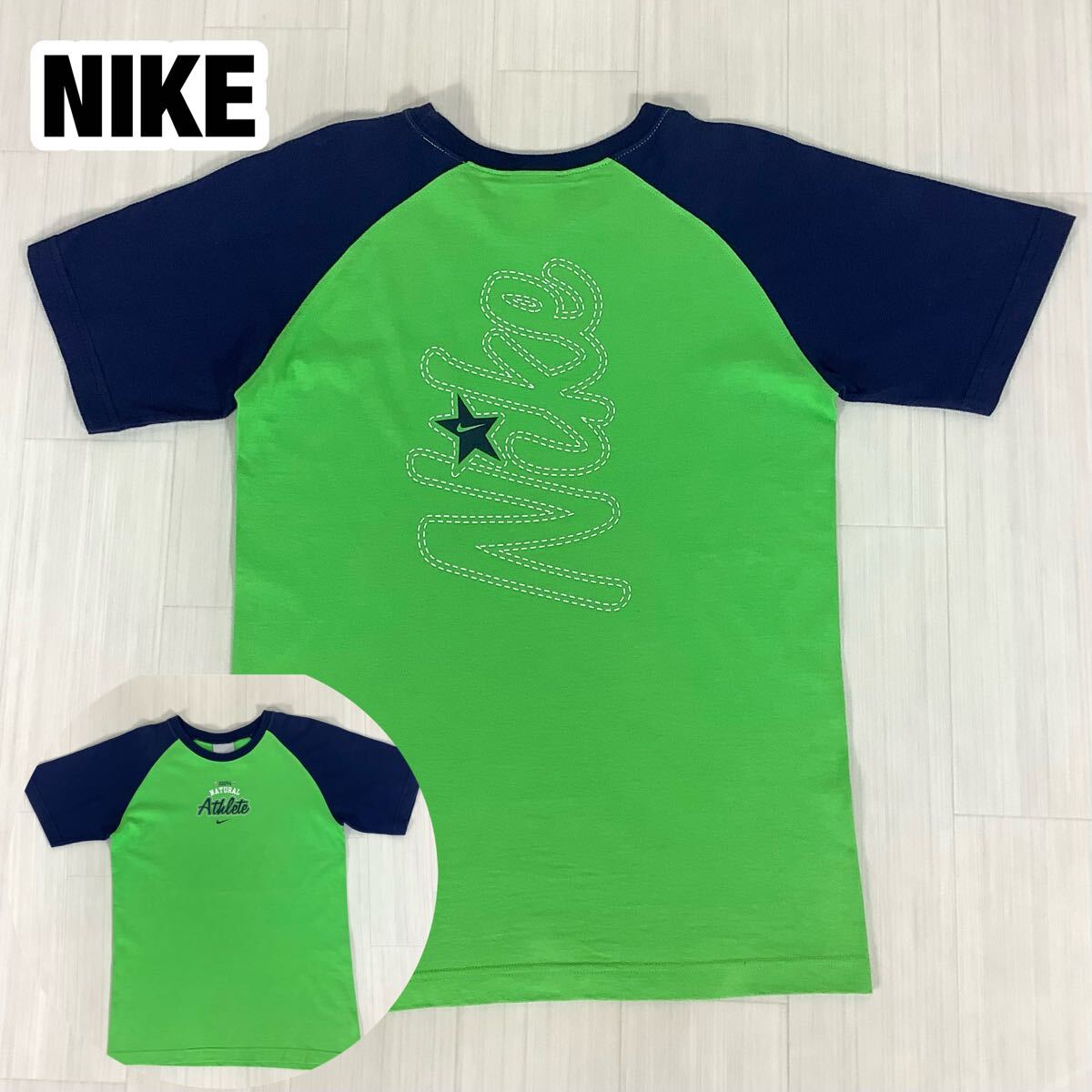 NIKE ナイキ 半袖Tシャツ ボーイズXL(160cm以上) グリーン×ネイビー バッグプリント 両面ロゴ拍卖