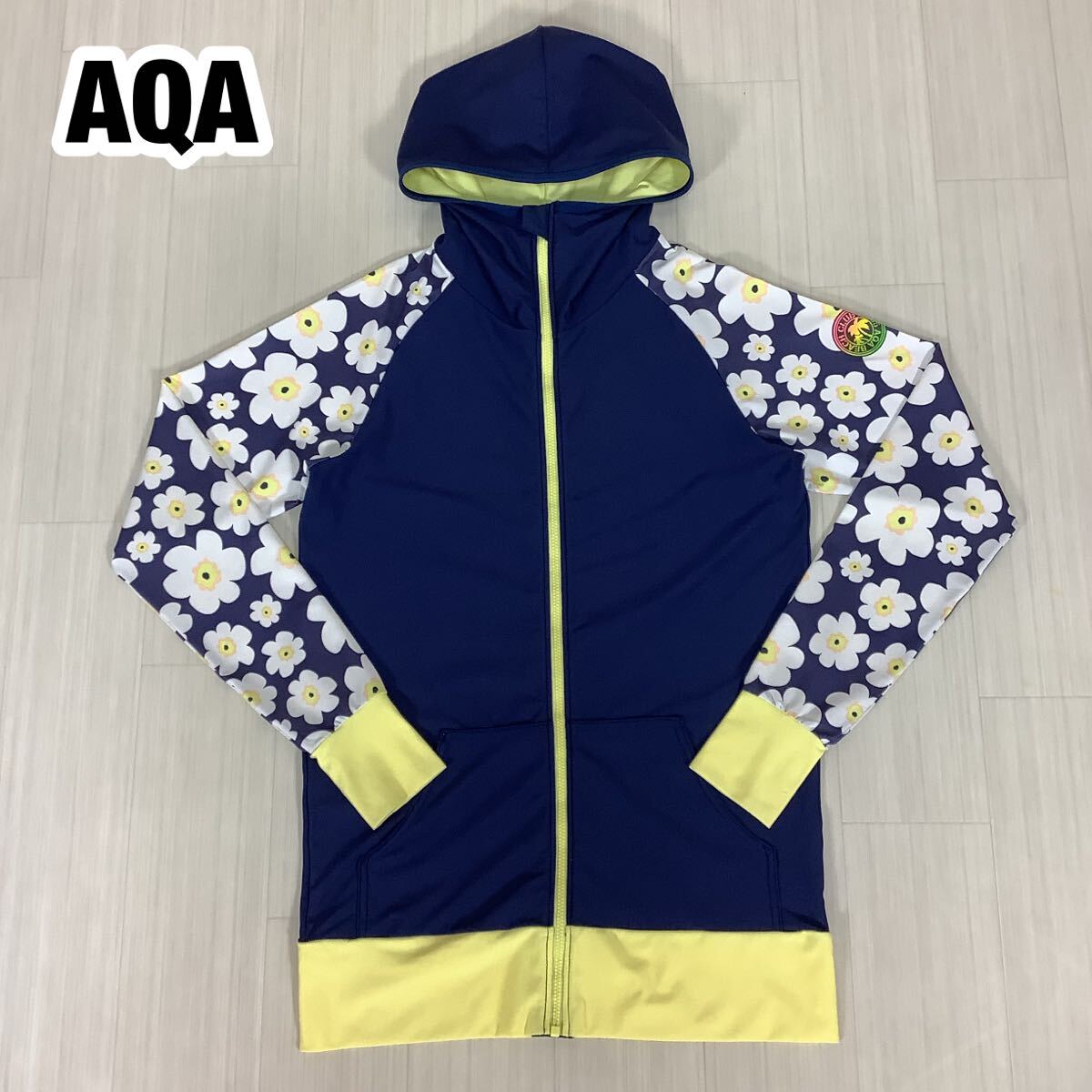 【美品】AQA エーキューエー ラッシュガード ラッシュパーカー ジップアップパーカー M ネイビー×イエロー×花柄 ボタニカル拍卖
