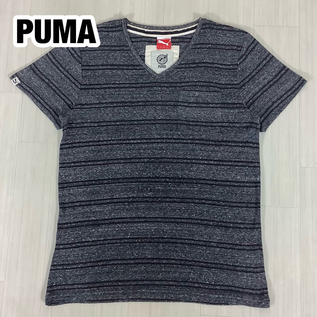 PUMA プーマ 半袖Tシャツ Vネック US表記S 着用感L相当 ボーダー柄 グレー×ブラック 胸ポケット 袖ロゴ拍卖