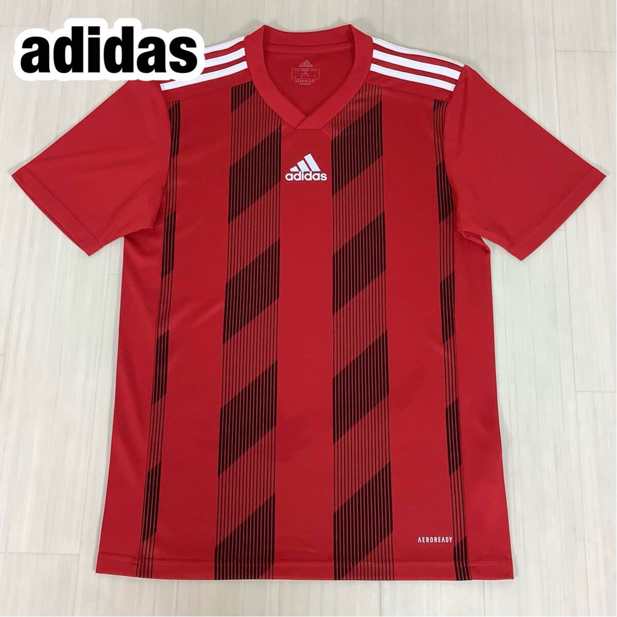 adidas AEROREADY アディダス エアロレディ 半袖Tシャツ サッカーシャツ ユニホーム S レッド×ブラック スリーストライプ プリントロゴ拍卖