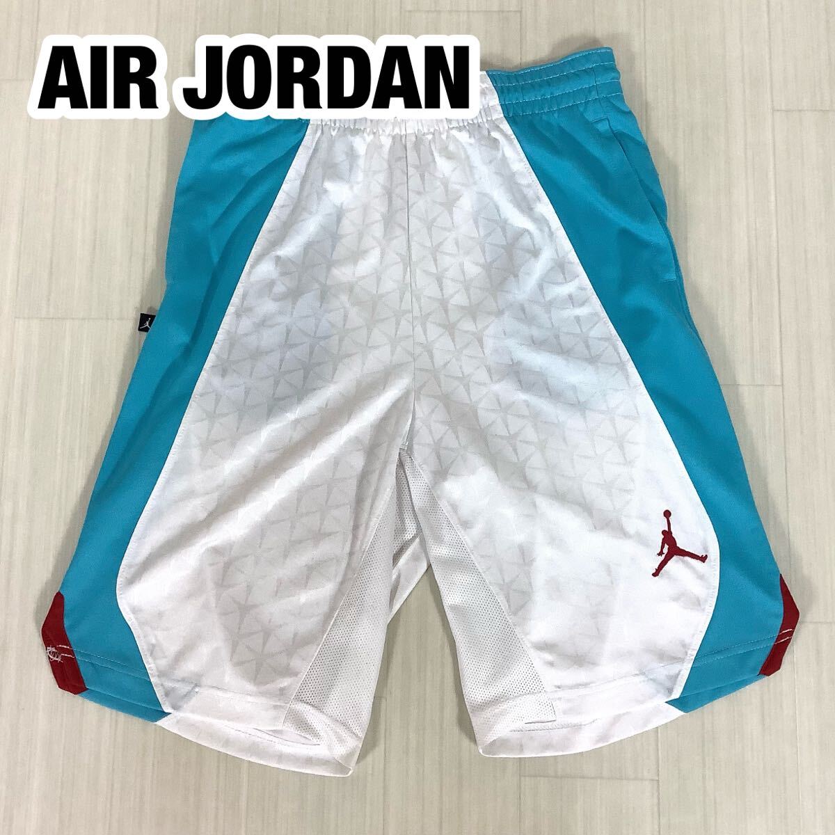 AIR JORDAN エアジョーダン バスパン ハーフパンツ S ホワイト×ライトブルー×レッド 切り替えし配色 刺繍ロゴ ジャンプマン DRI-FIT拍卖