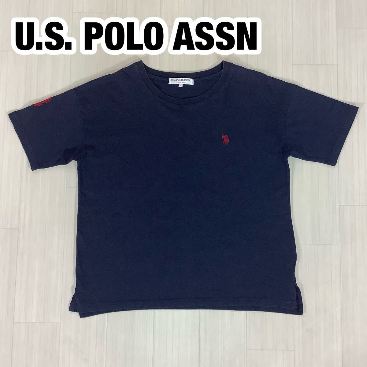 U.S. POLO ASSN ユーエス ポロアッスン 半袖Tシャツ L ネイビー 濃紺 刺繍ロゴ 袖ゼッケン サイドスリット拍卖