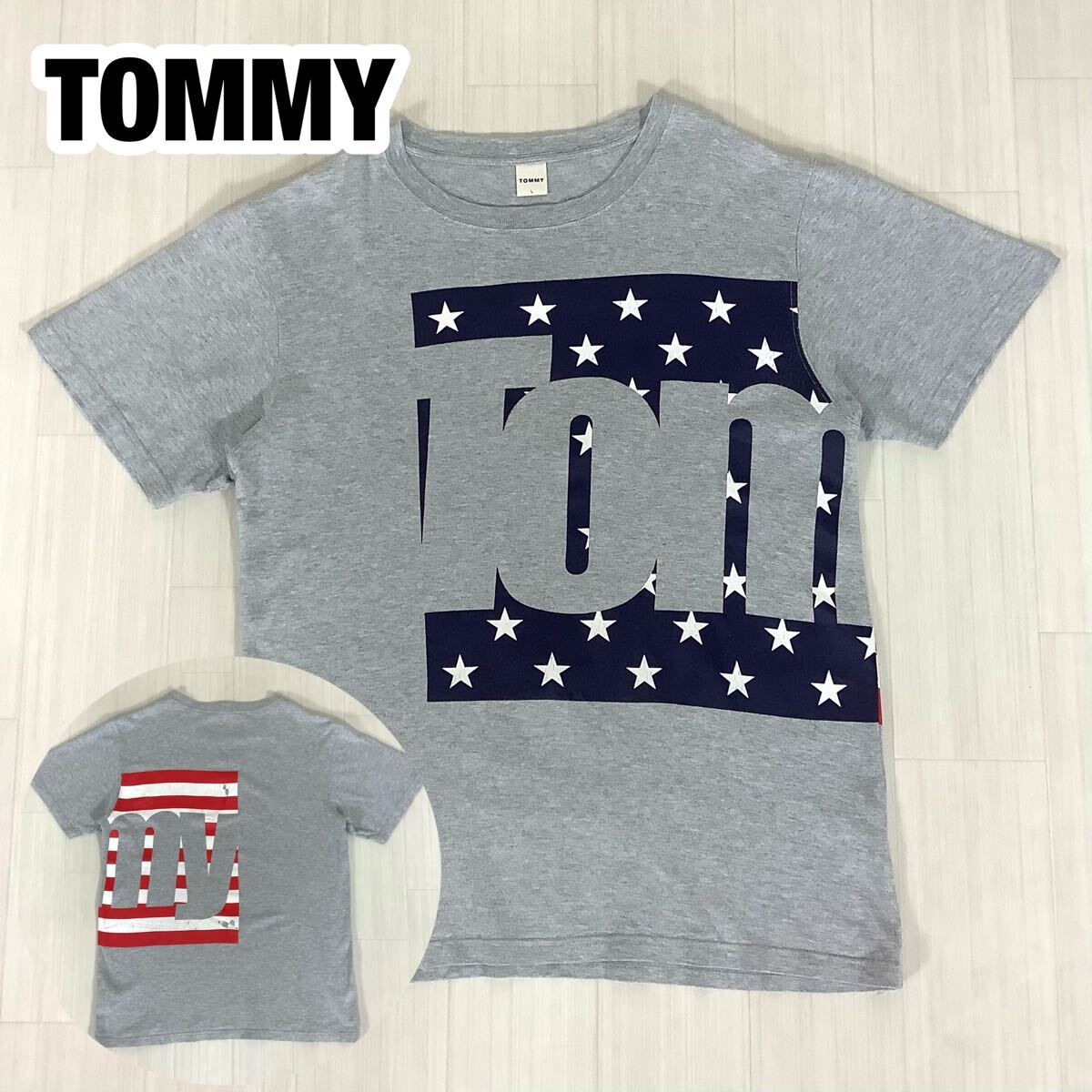 TOMMY 半袖 Tシャツ 両面プリント 星条旗柄 L 霜降りグレー ビッグロゴ拍卖