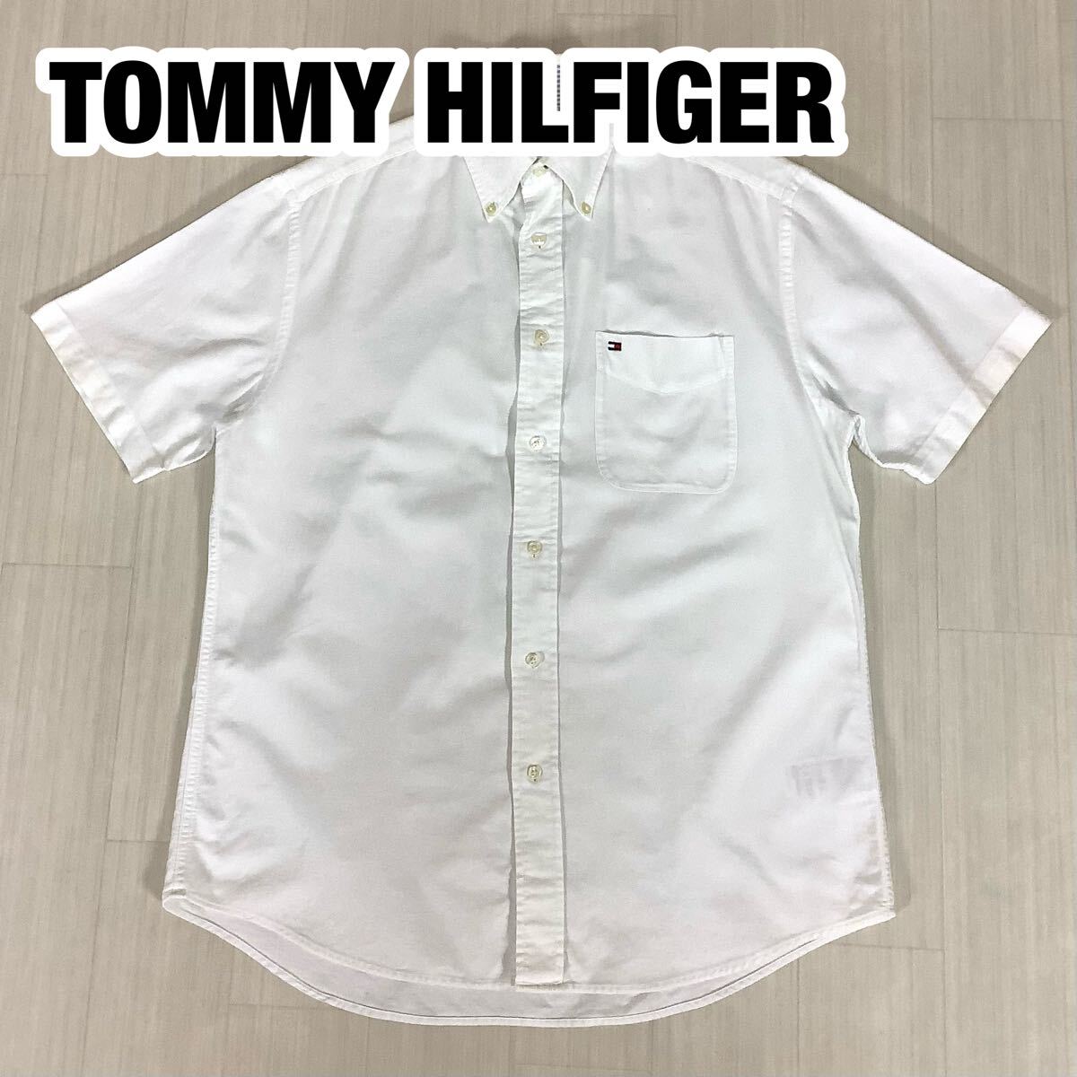 TOMMY HILFIGER トミーヒルフィガー ボタンダウン 半袖シャツ S ホワイト 白 胸ポケット 刺繍ロゴ M〜Lサイズ相当拍卖
