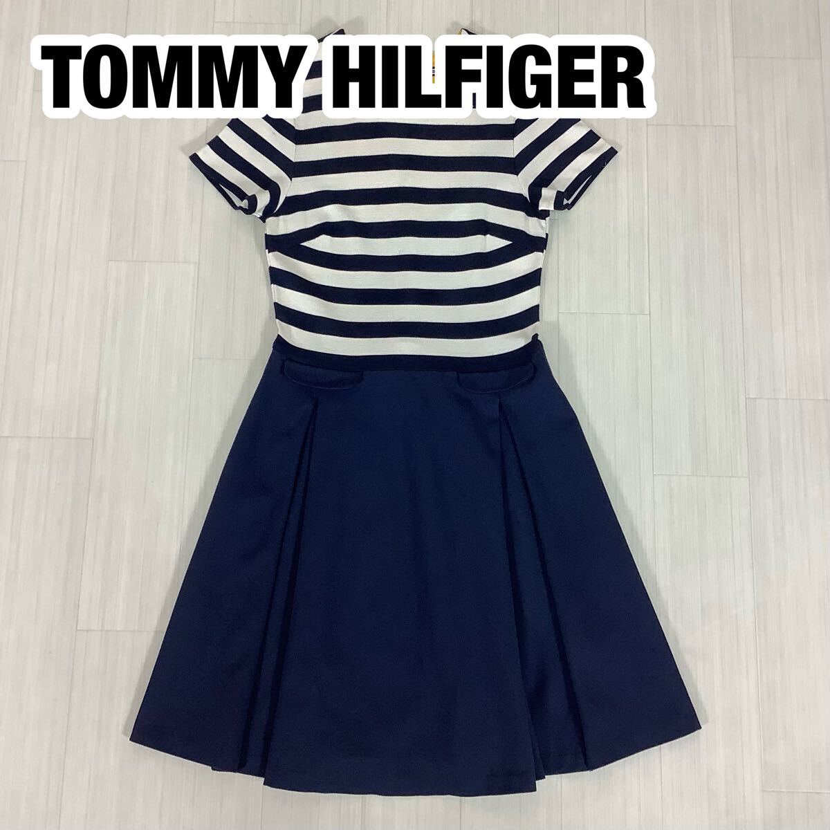 TOMMY HILFIGER トミーヒルフィガー 半袖ワンピース S ボーダー 切り替えしデザイン ネイビー×ホワイト メタルロゴ拍卖