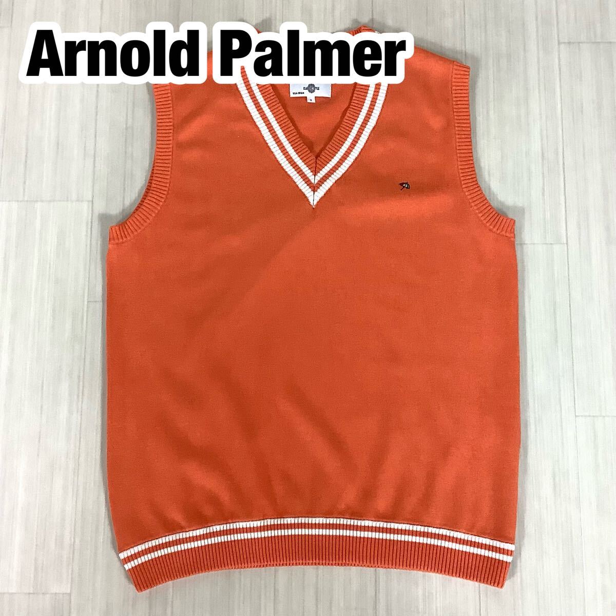 Arnold Palmer アーノルドパーマー Vネック チルデンニットベスト コットンニット セーター サイズ2 オレンジ× ホワイト 刺繍ロゴ拍卖