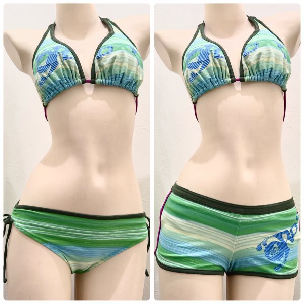 30ロキシーROXYビキニ3点セット(Lサイズ)★ホルター紐・微光沢グリーン緑ライトブルー水色★大きいサイズ男性も拍卖