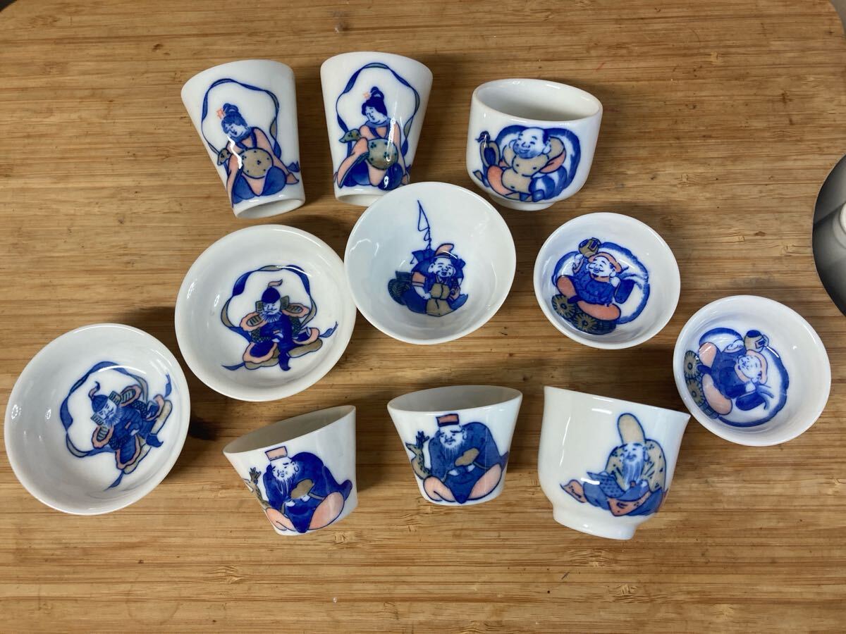 七福神 お猪口まとめて11個 ぐい呑み おちょこ 盃 酒器 白鹿 Japanese Vintage Sake cup drinkware Lot good luck charm拍卖