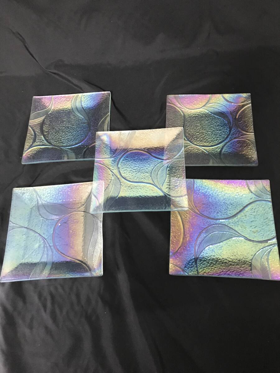 オーロラグラス 角皿 5枚組 虹色 Iridescent Glass Square Plate 平皿 ガラス皿 浅皿拍卖