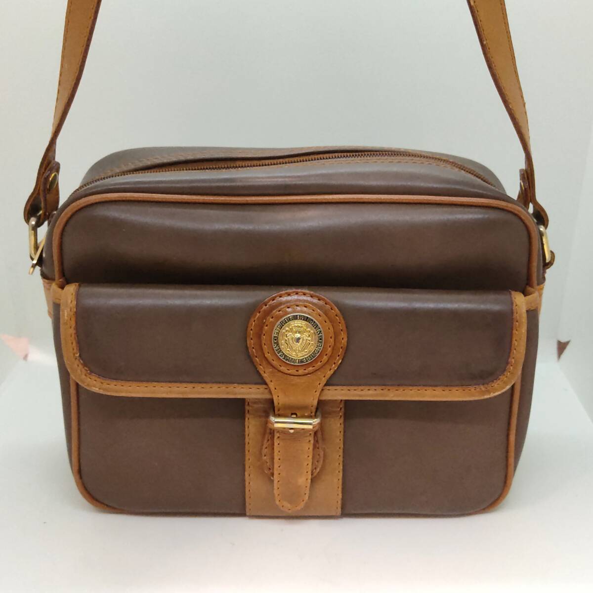 PIERRE BALMAIN USA製 箱型 25cm ショルダーバッグ ゴールド フォーマル ブラウン 茶系 鞄 中古 ピエールバルマン アメリカ製 (送料無料拍卖