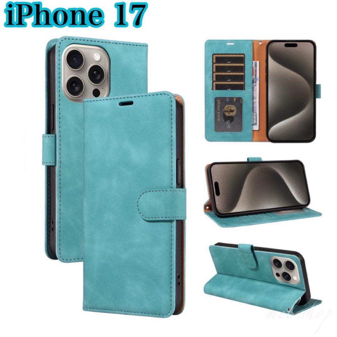 iPhone17スマホケース 手帳型携帯ケース アイフォン17 マグネット着脱 ブルー レザー調 カードケース付き拍卖