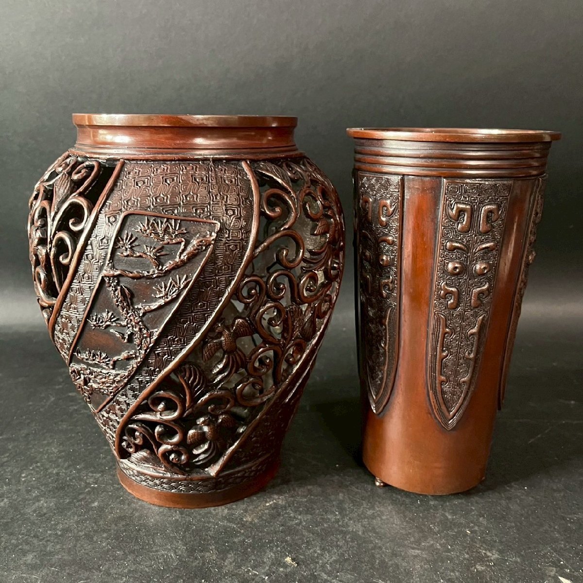 SW0924-11-3 薄端 うすばた 花瓶 花器 銅製 銅器 透かし彫り 彫刻 伝統 工芸 古民具 古美術 置物 インテリア 高さ31㎝ 口径11㎝ 120サイズ拍卖