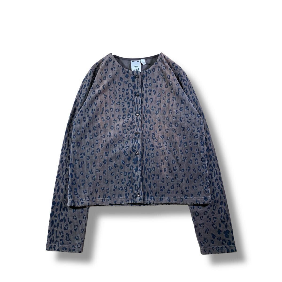 【1】 X-girl エックスガール レオパードカーディガン サイズ2 レディースM ダークグレー コーデュロイ レディース トップス 最落なし 古着拍卖