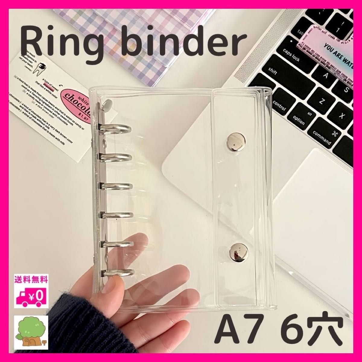 クリアバインダー シルバー A7 6穴 M6 ミニ6 シール帳 ロルバーン 推し活 ダブルボタン 透明 手帳 バインダー拍卖
