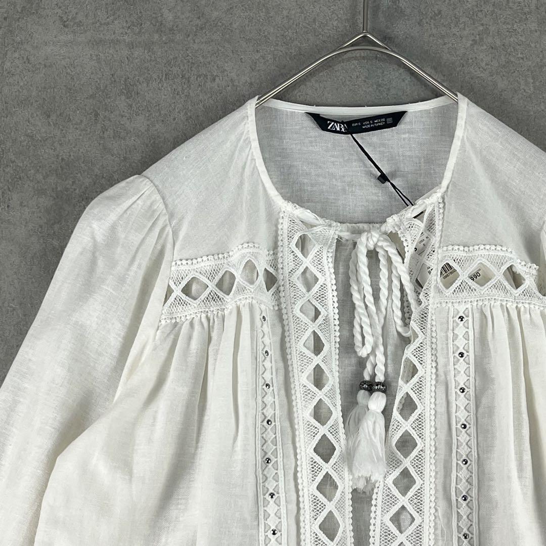 【タグ付】ZARA ザラ(S)レースカーディガン 長袖 コットンリネン 白拍卖