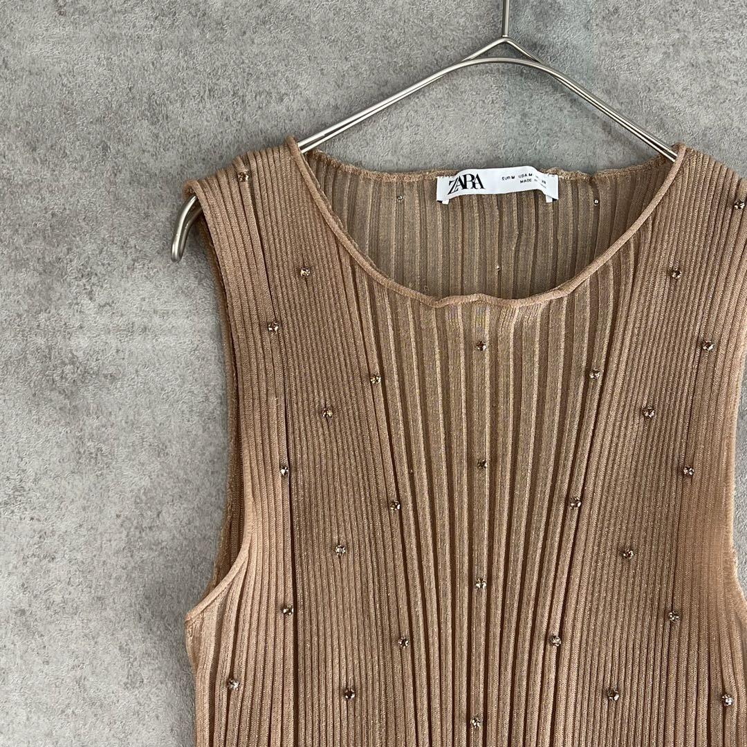 ZARA ザラ(M)プリーツタンクトップ ノースリーブトップス ビーズ装飾 薄手拍卖