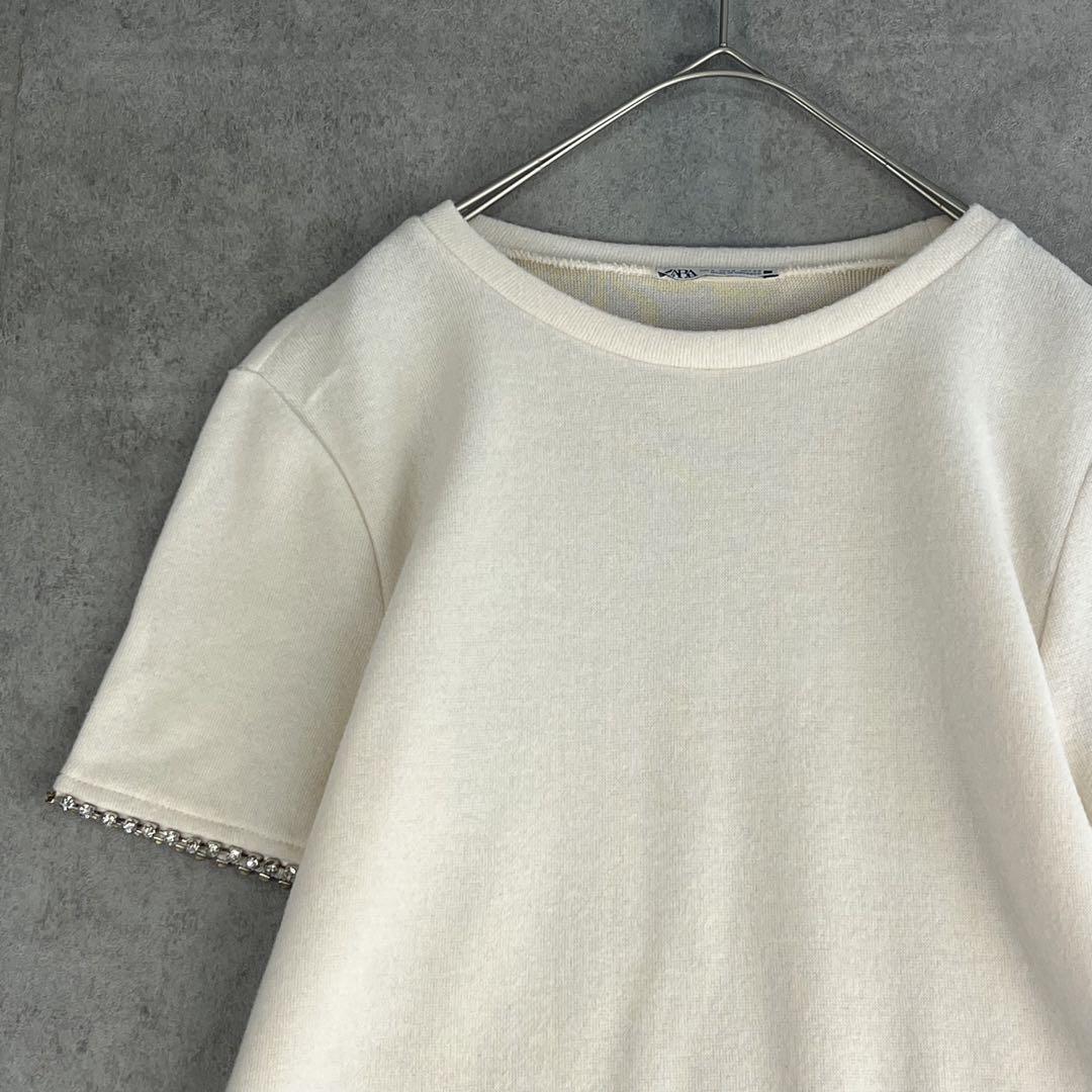 ZARAザラ(S)デザイン半袖Tシャツ ニット素材 袖元ビーズ装飾 ホワイト系拍卖