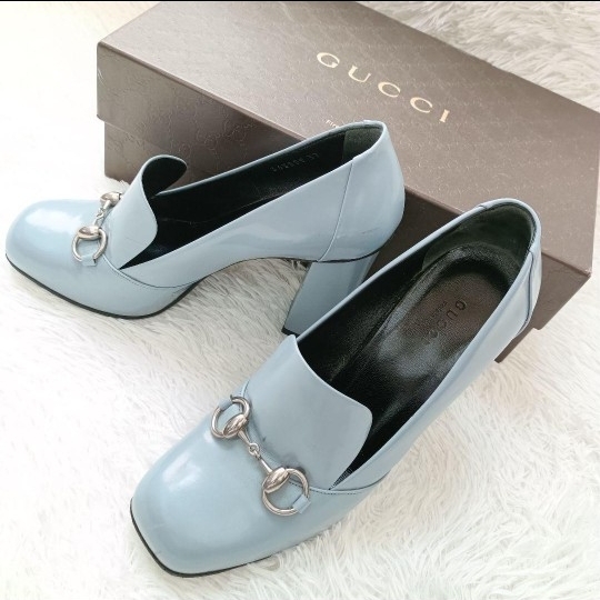 GUCCI グッチ 保存箱付き 37 24cm パンプス ヒール ライトブルー拍卖