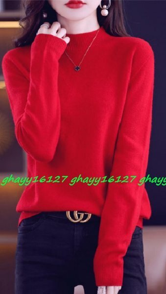 M柔らか上質カシミヤ100%★ベーシック&シンプルハイネックニット♪レッドM拍卖