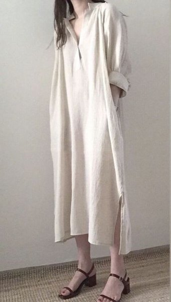 秋新品★上質コットンリネン★インナー付きギャザーロングワンピ★ベージュ拍卖