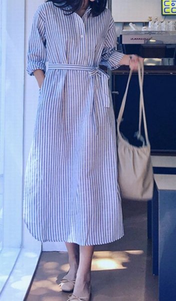 秋新品★ストライプ柄サイドスリットロングシャツワンピ 上質コットン★フリー拍卖