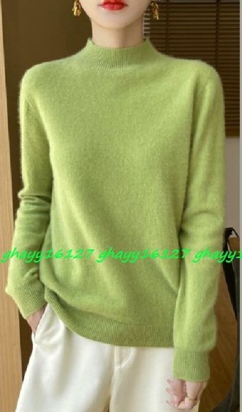 L柔らか上質カシミヤ100%★ベーシック&シンプルハイネックニット♪ アップルグリーンL拍卖
