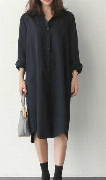 新品★2WAY★ゆったりロングシャツワンピ カーディガン♪ ネイビー 拍卖