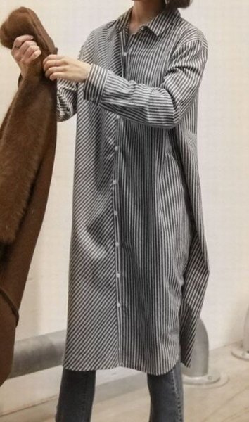 秋新品M★しっかり上質コットン★大人のストライブ柄ロングシャツワンピ♪M拍卖