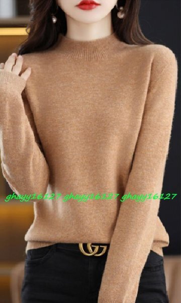 L柔らか上質カシミヤ100%★ベーシック&シンプルハイネックニット♪ キャメルL拍卖