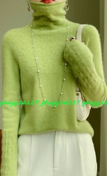 L 柔らかカシミヤ90%★襟袖立体編み暖かタートルネックニット♪アップルグリーン L拍卖