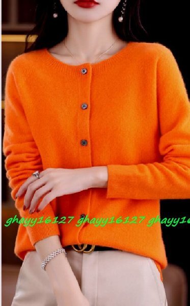 XL 極上柔らかカシミヤ100%★シンプルクルーネックニットカーディガン♪オレンジ XL拍卖