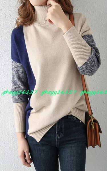 XL しっとり柔らかカシミヤ90%★バイカラータートルネックニット♪ネイビー系XL拍卖