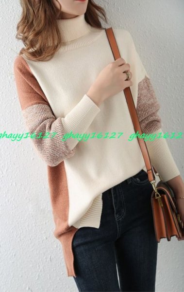 XL しっとり柔らかカシミヤ90%★バイカラータートルネックニット♪ネイビー系XL拍卖