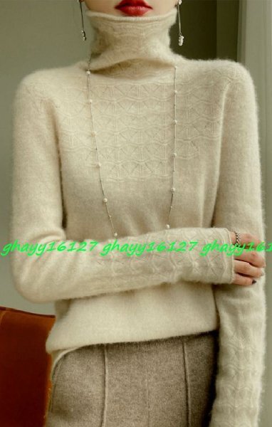 M 柔らかカシミヤ90%★襟袖立体編み暖かタートルネックニット♪ベージュ M拍卖