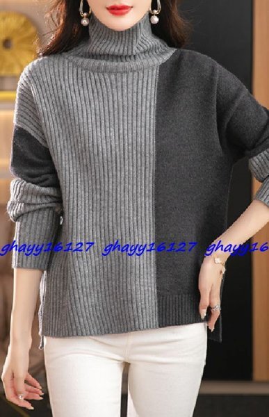 M 暖かカシミヤ90%バイカラーリブ切替ハイネックニット♪グレー×ダークグレーM拍卖