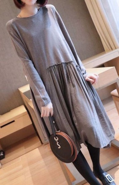 秋新品ドッキングワンピ★ギャザーフレアニット切替ワンピース♪グレー♪フリー拍卖