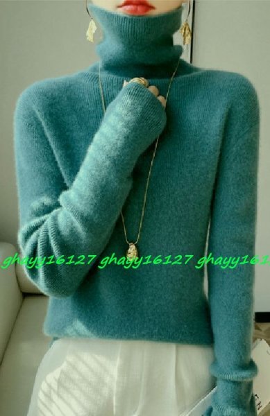 Lふんわり暖かカシミヤ90%★シンプルハイネックニット♪ブルー L拍卖